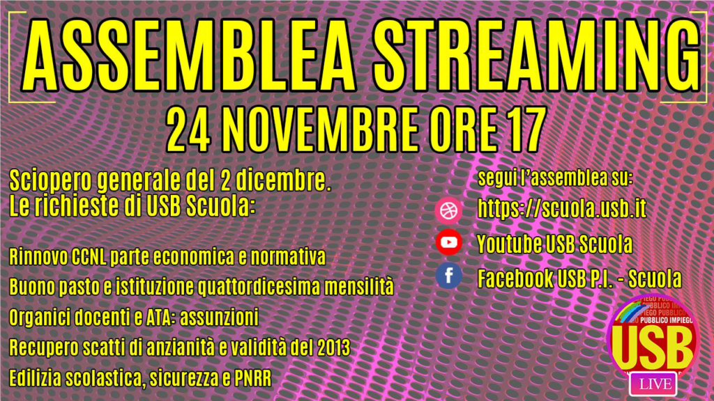 USB Scuola: Assemblea sindacale streaming 24 novembre 2022 – ORE 17-19