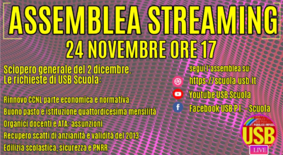 USB Scuola: Assemblea sindacale streaming 24 novembre 2022 – ORE 17-19